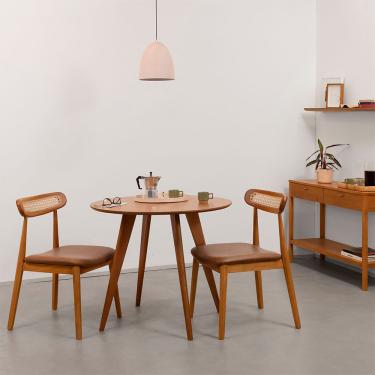 Imagem de Conjunto Mesa Jantar Square Laminada Redonda Natural - 88cm + 2 Cadeiras Dalí Palha Larga PU - Cognac