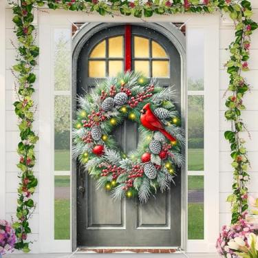 Imagem de BlissYard Capa de porta de Natal, guirlanda de pássaro cardeal vermelho, 89 x 188 cm, faixa festiva para decoração de parede interna e externa, tecido de poliéster, decoração de casa para meninas ou