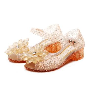 Imagem de TANDEFLY Sandálias femininas com estampa de princesa - Sandálias brilhantes para cosplay e festas | Salto balé leve para crianças de 3 a 8 anos, Ouro cristal, 11 Toddler