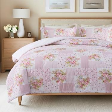 Imagem de Soul & Lane Conjunto de edredom de algodão – tamanho solteiro e 1 fronha, conjunto de cama de patchwork floral rosa com estampa de flores estéticas e chiques, rosas e leve para todas as estações