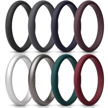 Imagem de ThunderFit Anel feminino fino e empilhável de silicone, alianças de casamento de silicone, 2,5 mm de largura e 2 mm de espessura, pacote variado 1-12, 7.5 - 8 (18.2mm), Silicone, Sem pedra preciosa