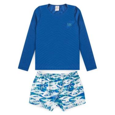 Imagem de Conjunto Praia Infantil Menino Azul Royal Camiseta Manga Longa e Sunga