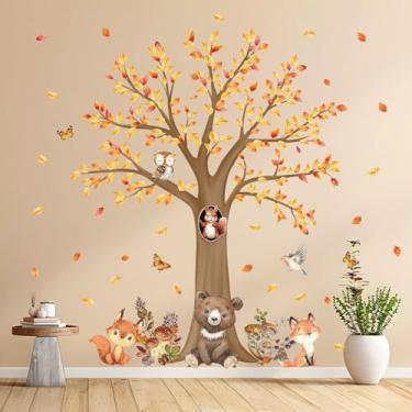 Imagem de Autumn Forest Tree Wall Decals with Animals Kids Room Decor, Peel and Stick Wall Art Stickers, for Baby Room, Playroom, Nusery, Bedroom, Fall Theme Wall Art with Bear, Fox, Owl (H:33inches)