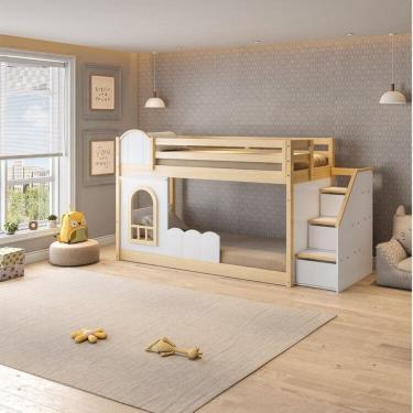 Imagem de Beliche Infantil Montessoriana Janela com Cerquinha e Led New Garden Casatema Natural/Branco