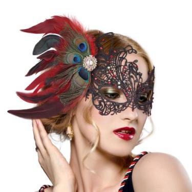 Imagem de Máscara Masquerade Zinniday Red Peacock Feather Lace para mulheres