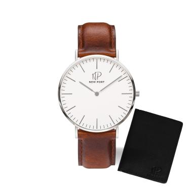 Imagem de Relógio Masculino Redondo Marrom Casual + Carteira Couro