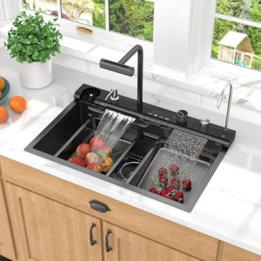 Imagem de Talllor Pia de cozinha inteligente com cascata dupla - Estação de trabalho digital multifuncional em aço inoxidável, calibre 16, pias multifuncionais com acessórios, 76 cm x 48 cm #TLWF-0012