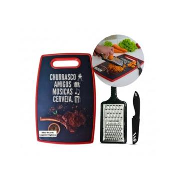 Imagem de Kit Tábua de Corte Legumes + Ralador e Faca - 3 Pcs, Plástico e Aço Inox