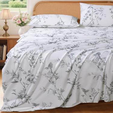 Imagem de Shilucheng Conjunto de lençóis 100% algodão - 1000 fios, lençóis florais de algodão egípcio de luxo, roupa de cama estampada respirável e refrescante, bolso profundo de 40,6 cm - 4 peças (Queen, preto