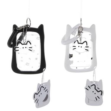 Imagem de NICENEEDED 2 peças de porta-cartões fotográficos Kpop com chaveiro de desenho animado de gato, suporte de identificação Kawaii de silicone branco e preto, suporte transparente para exibição de fotos