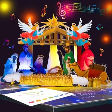 Imagem de Magic Ants Cartão de Natal musical de presépio pop-up 3D com luzes LED – Cartão de Natal religioso da noite santa celebrando o nascimento de Jesus – Saudação para a família e amigos