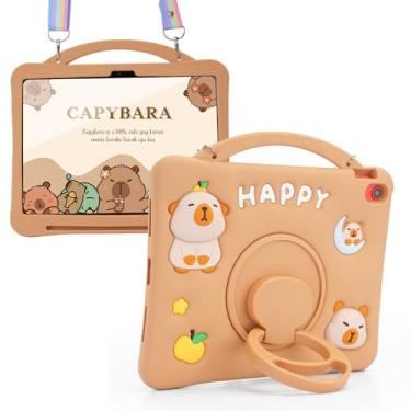 Imagem de Capybara Capa de silicone infantil para iPad 10,2 polegadas 9ª/8ª/7ª geração (2019-2021), capa protetora 3D fofa com suporte giratório 360, alça ajustável e suporte para lápis
