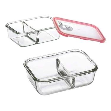 Imagem de 2X Pote Vidro 1010Ml Hermético Marmita Divisória Tampa Trava