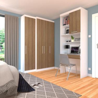Imagem de Quarto Home Office Com Guarda Roupas E Bancada De Estudos Alpes Luciane Móveis Branco Pf Com Avelã