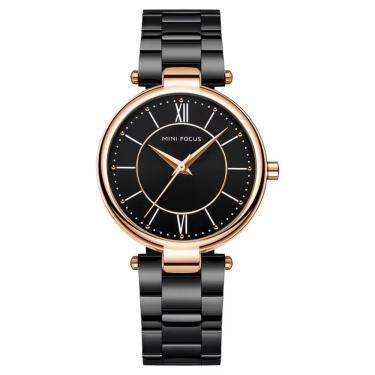 Imagem de Relógio Feminino Pulseira De Aço Inoxidável á Prova D´agua Quartzo Preto Dourado