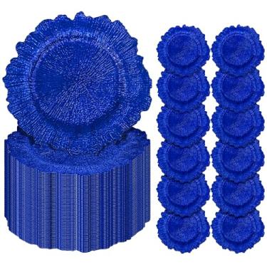 Imagem de Pesonlook 100 peças de pratos de carregador azul royal redondos de 33 cm, carregadores de placa de recife para jantar, pratos de plástico florais para mesa de jantar e festa de casamento, decoração de
