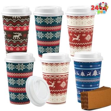 Imagem de JOYIN 24 peças de copos de papel de Natal 473 ml, copos de café descartáveis com mangas e tampas para copos, 4 designs de copos quentes de Natal inverno frio para bebidas utensílios de mesa festa