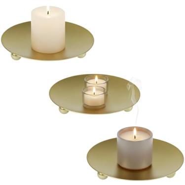 Imagem de Conjunto de pratos minimalistas de metal com base de vela redonda resistente ao calor de 7,6 a 12 cm – suporte decorativo de vela para casa e eventos (dourado)