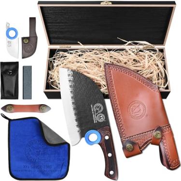 Imagem de XYJ Autêntico desde 1986, cutelo de carne grande resistente, faca de açougueiro de chef sérvio com caixa de madeira, bainha de couro, lâmina de aço de alto carbono, faca de cozinha completa