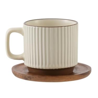 Imagem de Tvvtuww Copo de cerâmica de 250 ml com pires de madeira cor bege (JYD610-Bege)