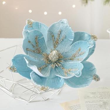 Imagem de tiecawk 6 peças de flores de magnólia com glitter, árvore de Natal, veludo, magnólia, flores artificiais, magnélia, poinsétia, para festa de Natal, árvore de Natal, guirlanda de Natal, decoração de