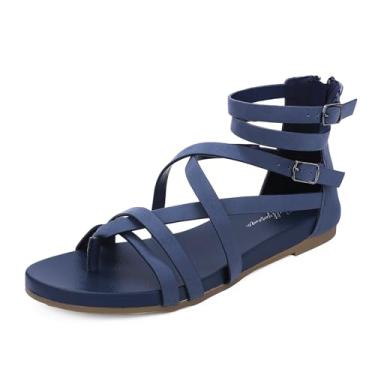 Imagem de Luffymomo Sandálias femininas com tira gladiadora rasteira de pescador com tiras cruzadas, Azul-marinho - B, 37