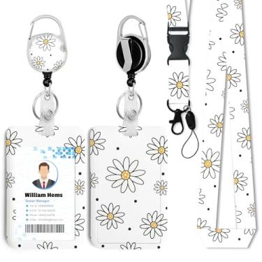 Imagem de Porta-crachá de identificação de flores com cordão de separação e carretel retrátil resistente - chaveiro mosquetão giratório de 360° para mulheres, estudantes, professores, enfermeiros, uso no