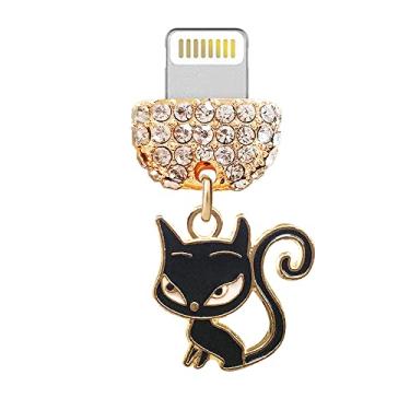 Imagem de ELISE & FONDA CP454 Porta de carregamento USB plugue antipoeira pingente de telefone gato pequeno animal de estimação para iPhone 13/12/11/XS MAX/XR/X/8 Plus/7/6S/8/SE iPad iPod (preto)