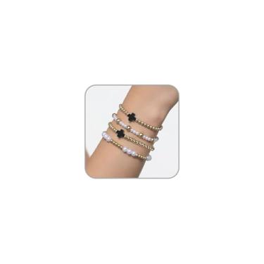 Imagem de BOOZIQ Pulseiras de contas de ouro para mulheres, pulseiras de cruz empilháveis, pulseira elástica com contas de pérolas douradas, boêmio, bijuterias, acessórios de fantasia, joias modernas, presente