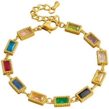 Imagem de Pulseira feminina de cristal multicolorido banhada a ouro delicada - elegante pulseira de tênis retangular colorida com zircônia cúbica arco-íris