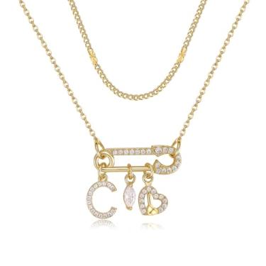 Imagem de MEIITRUE Colar feminino com inicial de alfinete de segurança, banhado a ouro 14 quilates, corrente em camadas, pingente de zircônia cúbica, gota e pingentes de coração, pingente de nome personalizado