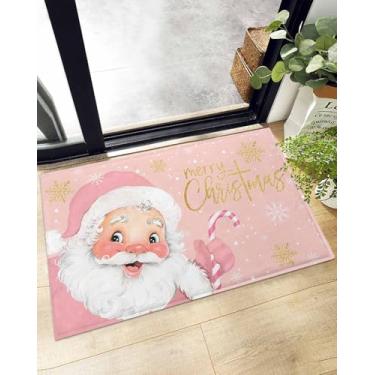 Imagem de Tapete felpudo de Natal rosa com estampa de Papai Noel, folha dourada de Natal, floco de neve, antiderrapante, super macio, tapete felpudo de inverno para cozinha/banheiro/quarto/sala de estar 61 x 89