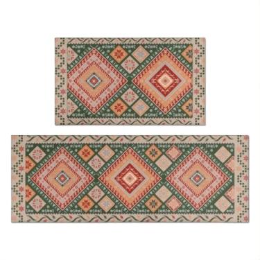 Imagem de zhinvdzuyu Conjunto de 2 tapetes de cozinha Boho Farmhouse - Tapetes com padrão de diamante vermelho terracota e verde sálvia, microfibra lavável antiderrapante para pia, lavanderia e decoração de