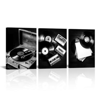 Imagem de Canvbay 3 peças de arte de parede em tela de vinil preto e branco para toca-discos retrô para decoração de estúdio em casa, escritório, 30 x 40 x 3 peças