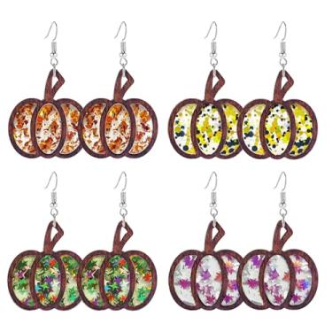 Imagem de RLHRNDE Conjunto de 4 pares de brincos de abóbora de Halloween para mulheres, feitos à mão, leves, transparentes, cola, pingente, brincos divertidos de madeira, feitos à mão, para presente de Ação de