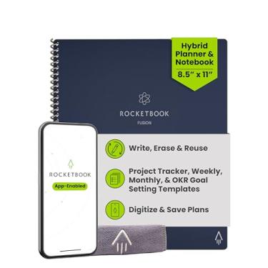 Imagem de Rocketbook Caderno reutilizável Fusion Smart – calendário, listas de tarefas e páginas de modelo de notas com 1 caneta Pilot Frixion e 1 pano de microfibra incluído – capa azul meia-noite,