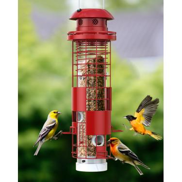 Imagem de Alimentador de pássaros à prova de esquilos para pendurar ao ar livre, alimentador de sementes de pássaros de tubo de metal para exterior com 4 portas, poleiros ativados por peso, capacidade de