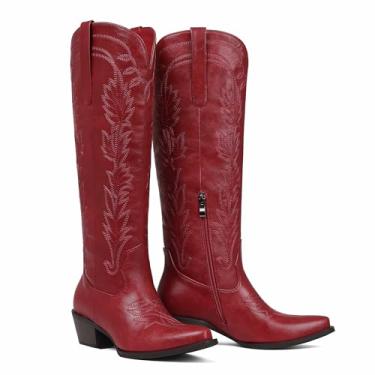 Imagem de femflame Botas femininas caubói pretas na altura do joelho com bico fino, salto grosso, zíper, bordado, cowgirl, bico largo, botas ocidentais de couro, Vermelho, 39