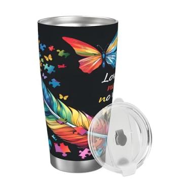 Imagem de hongjinglin Feather Colorido Autismo 590 ml Copo isolado de aço inoxidável com tampa Copo reutilizável de viagem Caneca de café Copos de água para bebidas frias e quentes, presentes para mulheres e