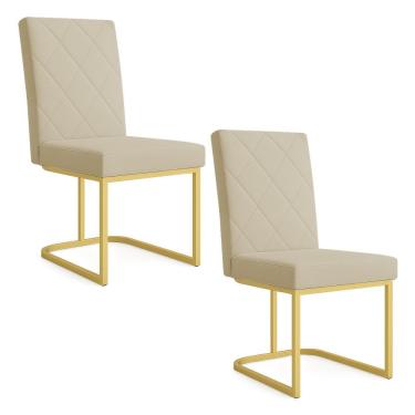 Imagem de Kit 02 Cadeiras De Jantar Estofada Siena Linho Base De Ferro Dourada - Pallazio Cor Dourado