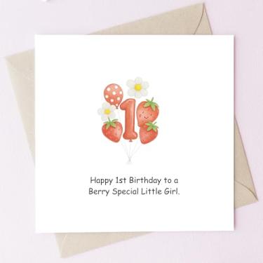Imagem de TEEMI - Cartão de 1º aniversário para menina/menino - Berry Special Little Girl Cartão comemorativo de primeiro aniversário com envelope, cartolina premium de 300 g/m², design de morango, interior em