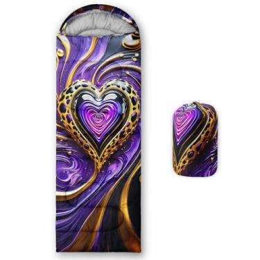 Imagem de QOOMO Sacos de dormir impermeáveis Gold Hearts para adultos e crianças, sacos de dormir impressos para acampamento, viagens e ao ar livre, equipamentos de acampamento, 78,76 x 228,6 cm, 3 estações