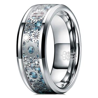 Imagem de THREE KEYS JEWELRY Anéis de tungstênio de 8 mm prata punk selo engrenagem mecânica azul claro fibra de carbono com incrustação de metal alianças de casamento para homens, Metal, Sem pedra preciosa