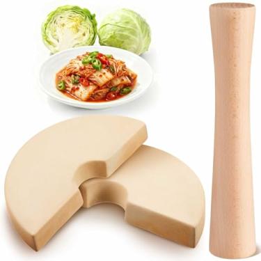 Imagem de LemonRoad Conjunto de 3 ferramentas de alimentos para fermentação inclui calcador de chucrute de madeira e calcador de cerâmica para tanques de fermentação, potes de Kimchi e potes de picles