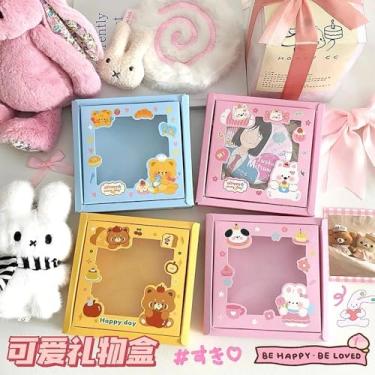 Imagem de Conjunto de 4 caixas de presente fofas de desenho animado, caixa de doces com janela temática de urso e coelho, embalagem Kawaii para aniversário e festa