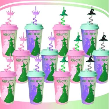 Imagem de AFZMON Pacote de 24 copos de decoração de festa de aniversário de bruxa com tampas e canudos, copos de plástico rosa verde roxo de 473 ml com padrão de princesa bruxa, lembrancinhas de festa de