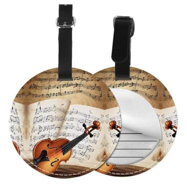 Imagem de Borboleta e violoncelo - Etiqueta de bagagem redonda personalizável - Couro PU impermeável, proteção de privacidade e reflexivo para viagens, animais de estimação, malas