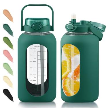 Imagem de SIEROZUR Garrafa de água de vidro de 2,2 l com canudo e tampa, jarro de água grande de galão com manga de silicone e alça de boca larga de 2,2 litros com marcador de tempo para esportes de academia e