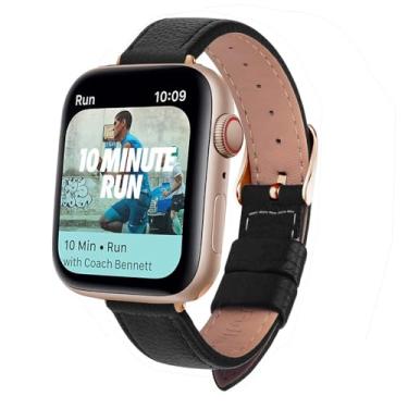 Imagem de XLCZMYL Pulseira de relógio fina de couro para série 7 SE 6 5 4 3 2 1 de 40 mm, 44 mm, 38 mm, 42 mm, couro feminino, ouro rosa, preto, 42 mm