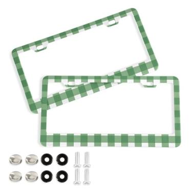 Imagem de CEBUGI Pacote com 2 molduras de placa de carro de alumínio capas de moldura de placa de carro com 2 furos xadrez verde acessórios automotivos para placas dianteiras e traseiras orifício elíptico